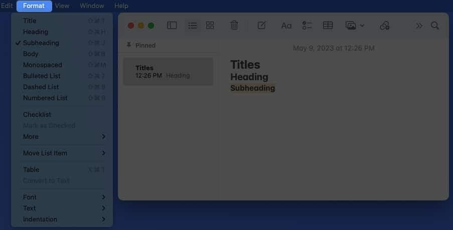 Click the format option from the menu bar