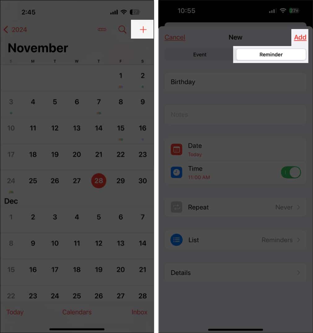 Create reminder in Calendar app on iPhone.