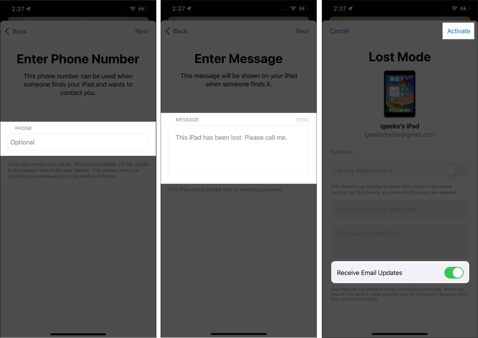 Enter Phone number and Message, toggle on Receive Email Updates, and choose Activate