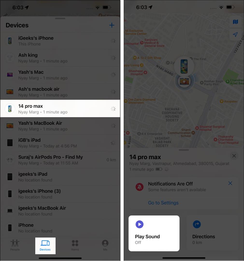 Go to Devices tab, select misplaced device, tap Play Sound