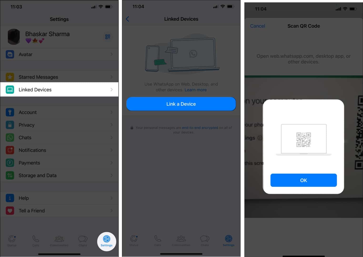Head to Settings tab, tap Linked Devices, choose Link a Device, and scan the QR code on the Web app