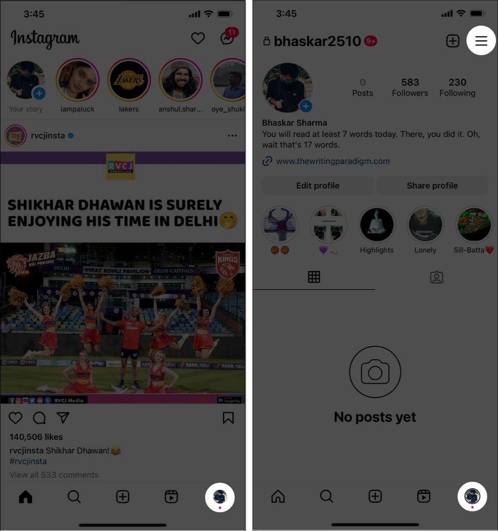 Open Instagram app, go to Profile tab, and tap hamburger menu