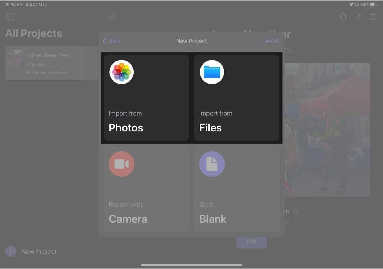Pick Photos or Files to import media from