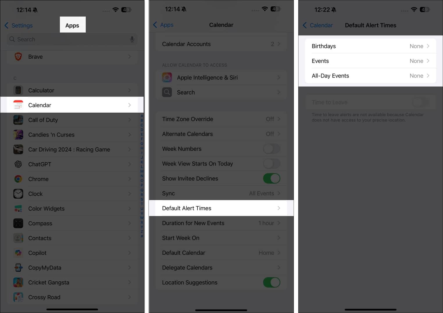 Select Default Alert Times for calendar events on iPhone settings app.