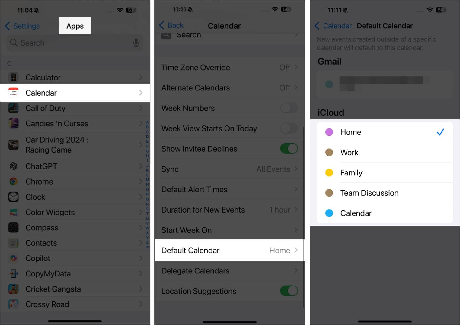 Select Default calendar in settings app on iPhone.