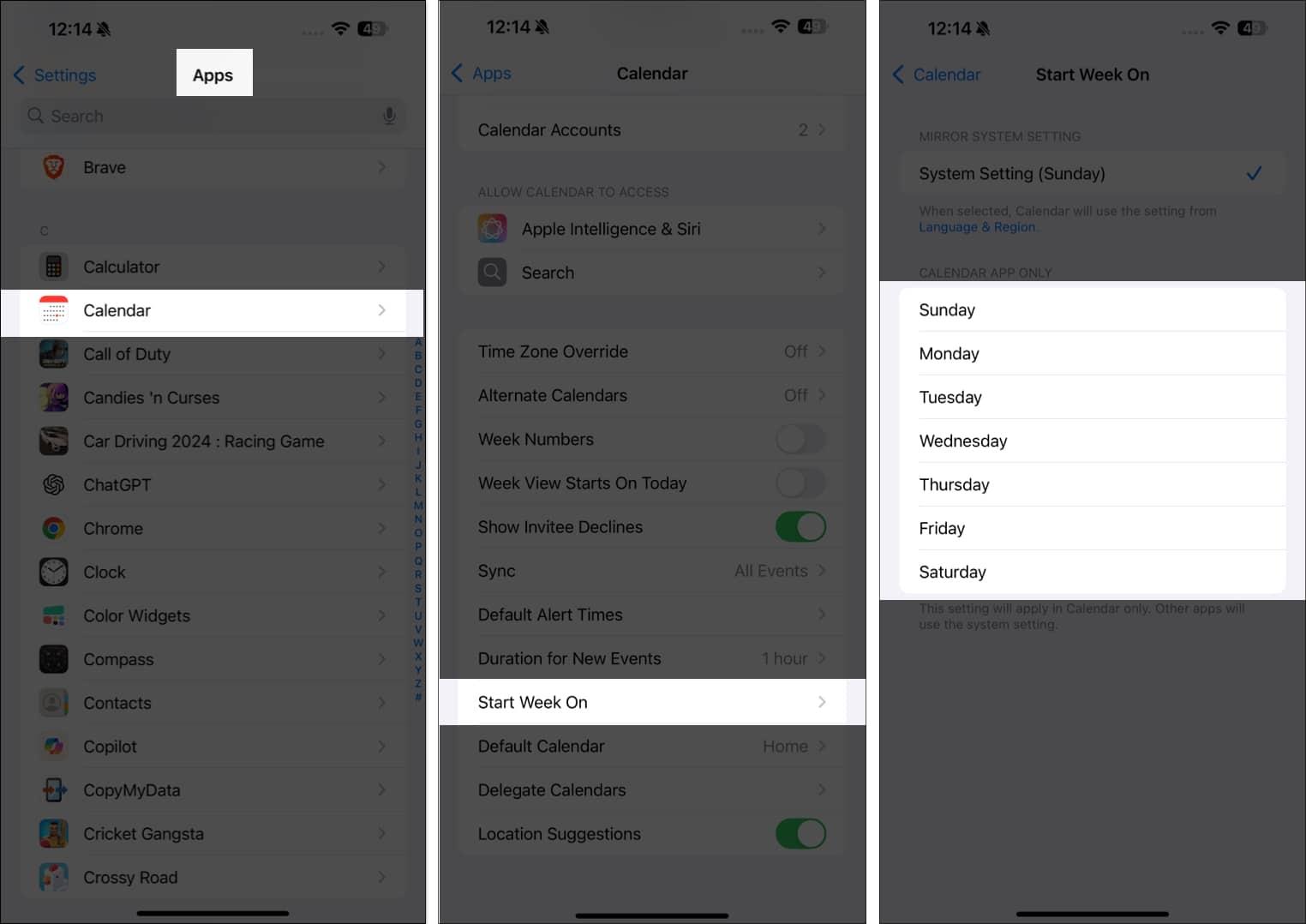 Select Start Week on for Calendar app on iPhone.