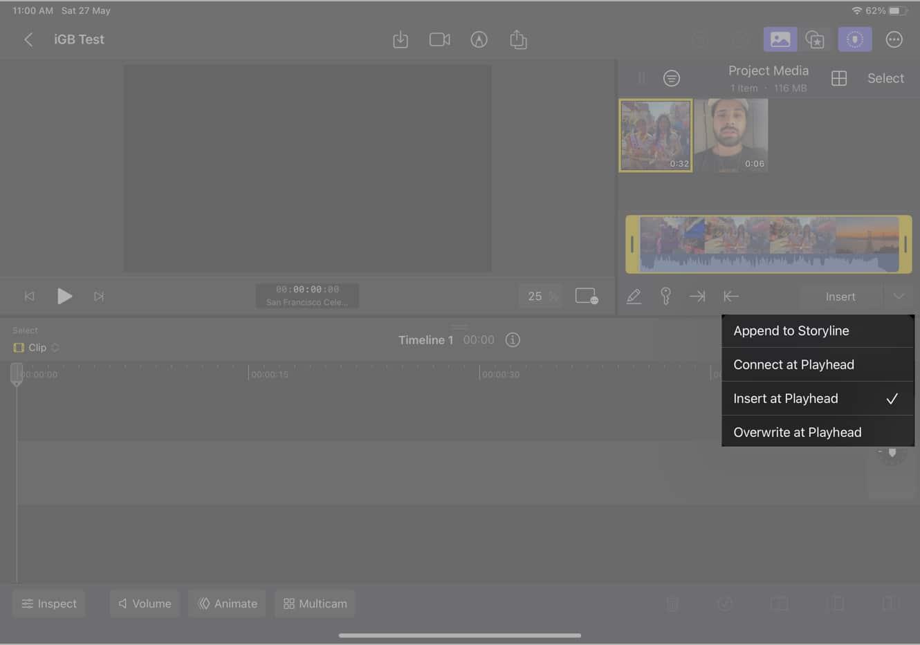 Select from Append to Storyline, Connect at Playhead, Insert at Playhead, and Overwrite at Playhead
