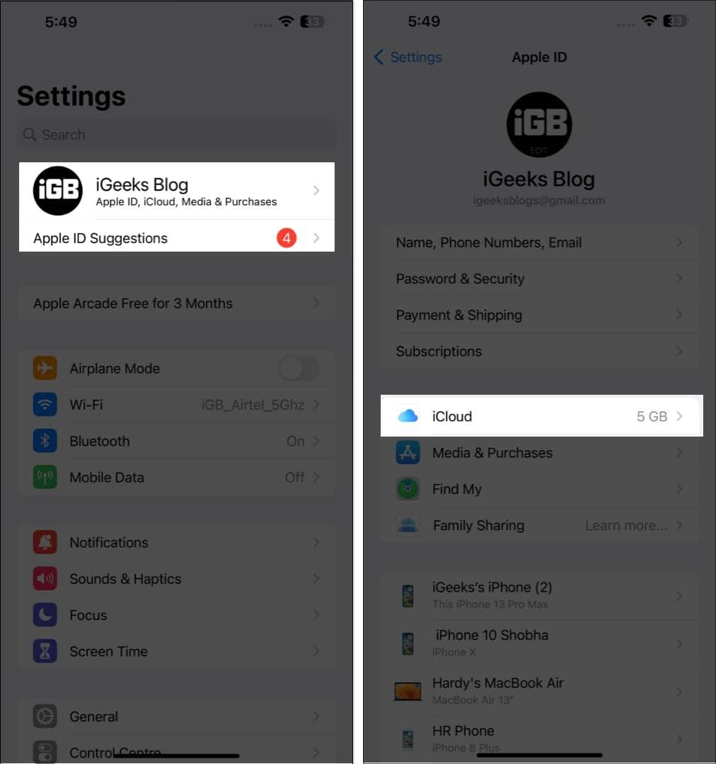 Tap Apple card, icloud in settings