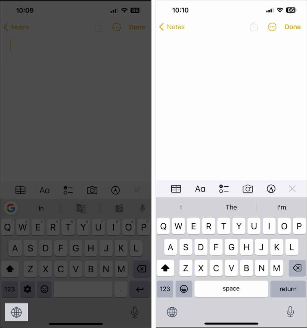 Tap Globe icon on iPhone