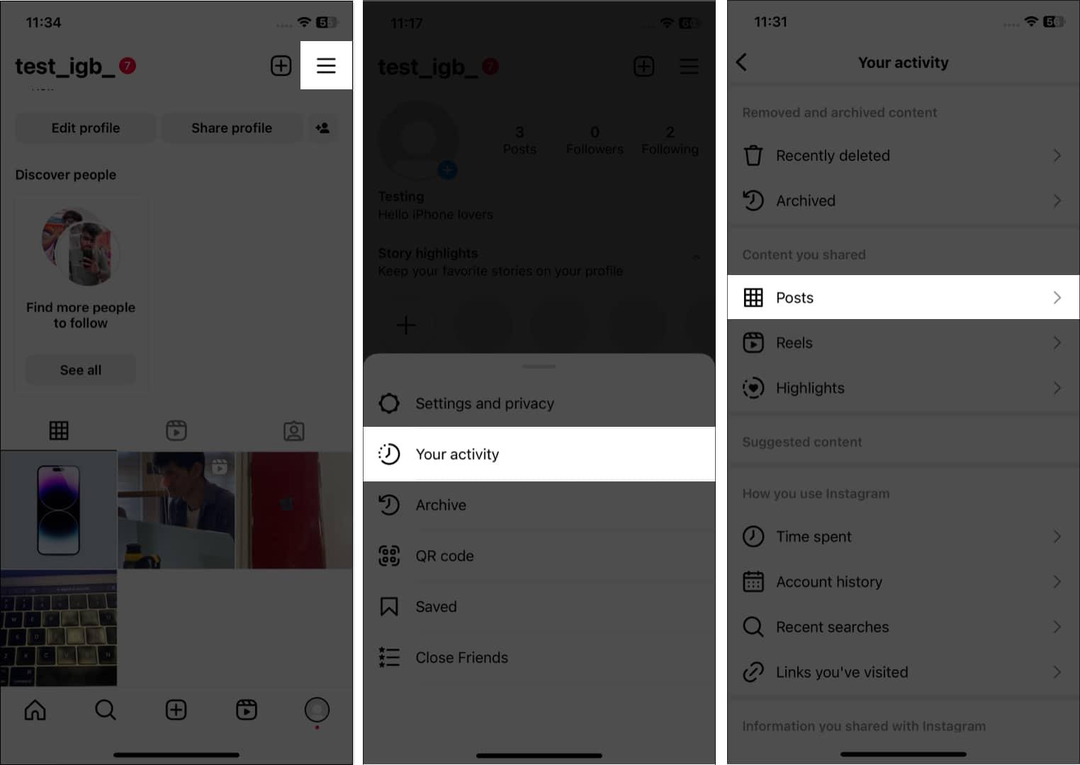 Tap on Posts under Your activity on Instagram