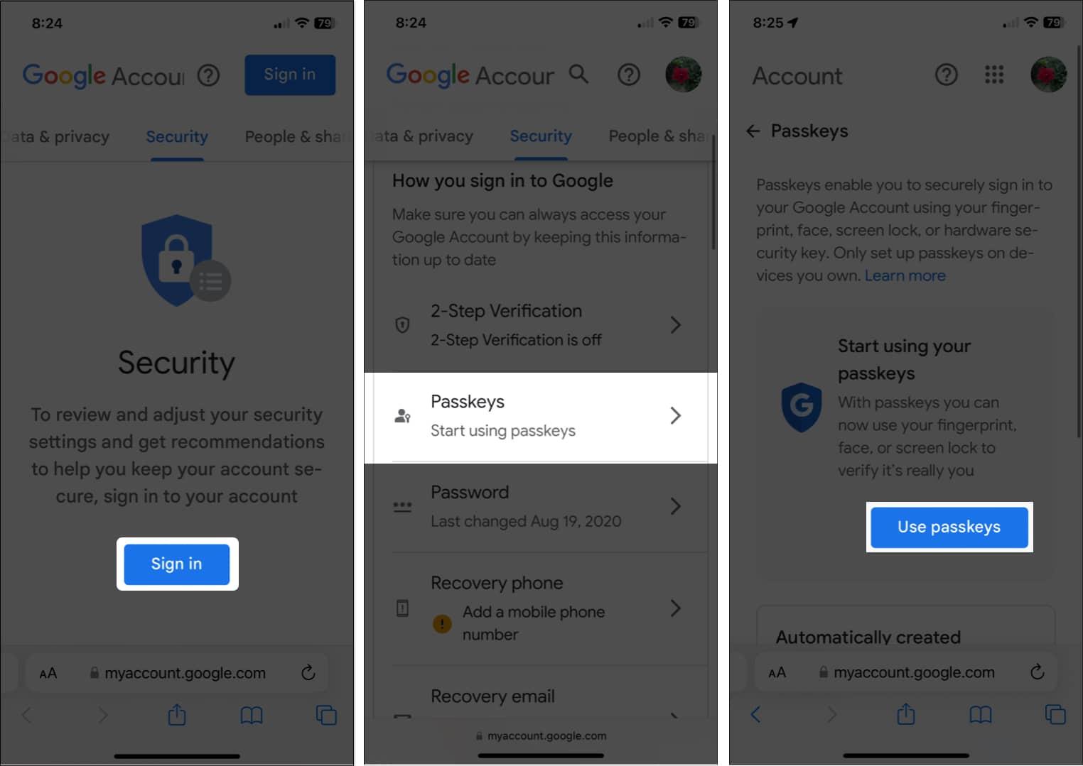 Tap on Sign in, Passkeys and Use passkeys on iPhone
