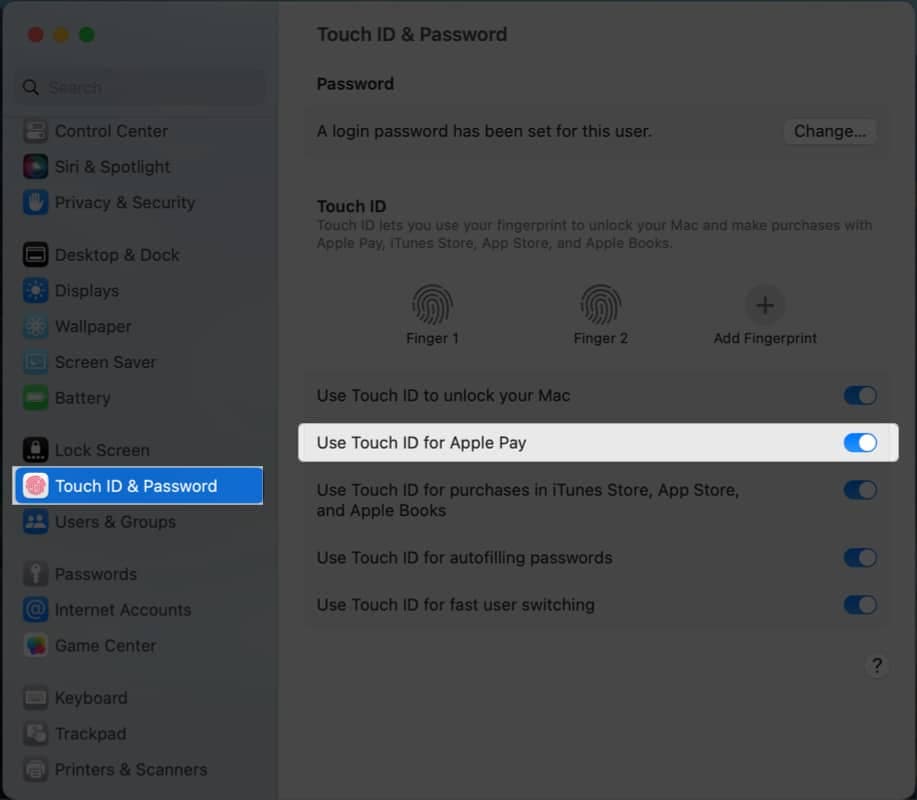 Toggle on Use Touch ID for Apple Pay