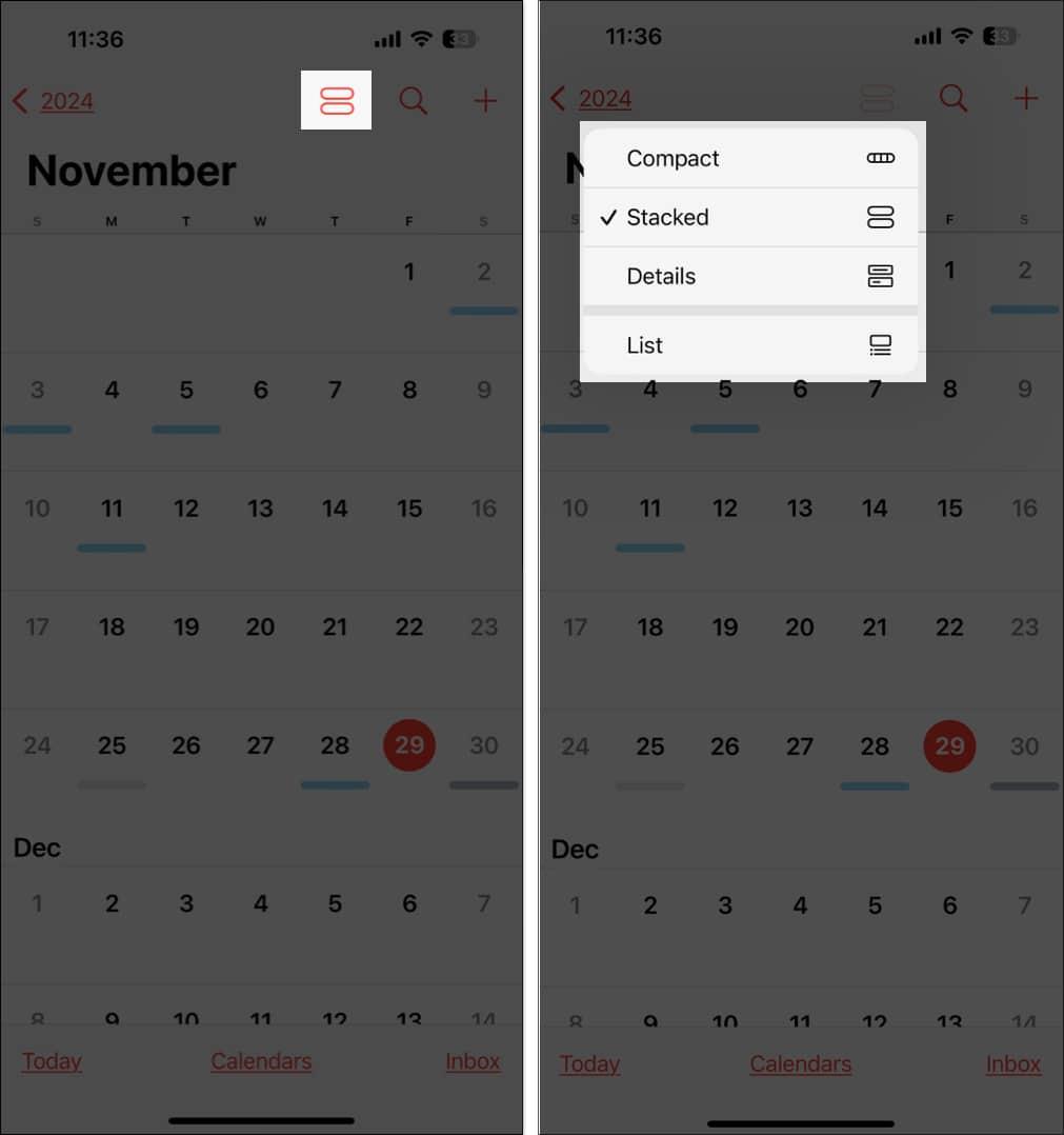 Types of Calendar View on iPhone Calendar app.