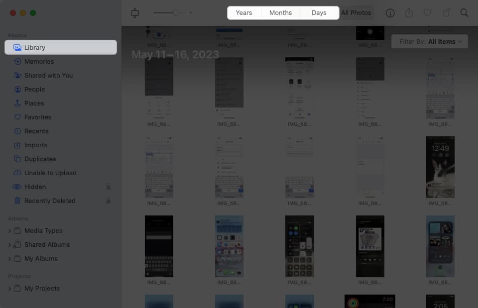 Click library and select the sorting method in google photos