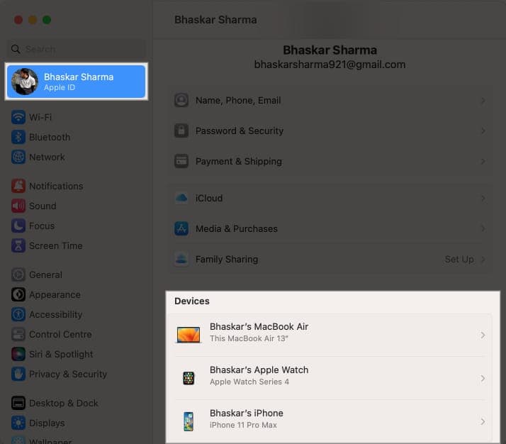 Click your name, head to the Devices section, and click on your device
