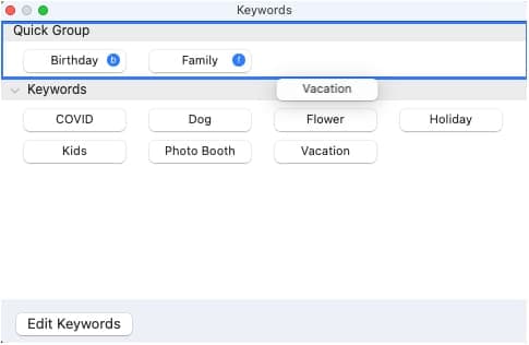 Drag and drop keywords in quick group in photos