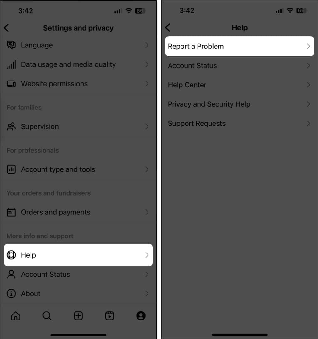 Report a problem on Instagram