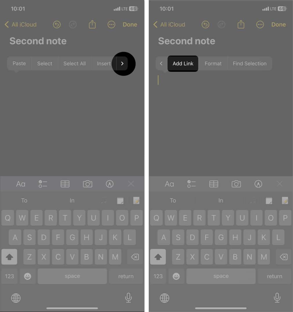 double tap cursor, swipe right, tap add link in Notes