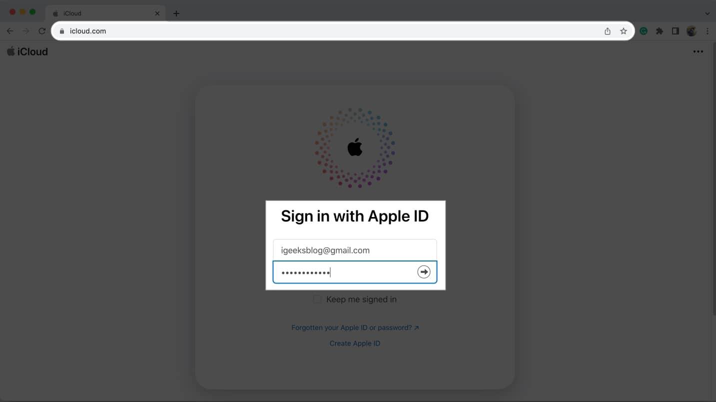 iCloud Sign in screen