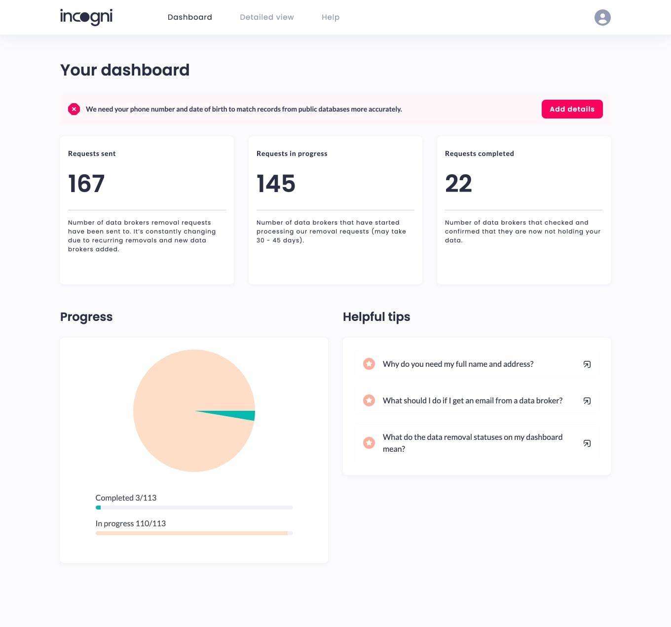 Incogni Dashboard
