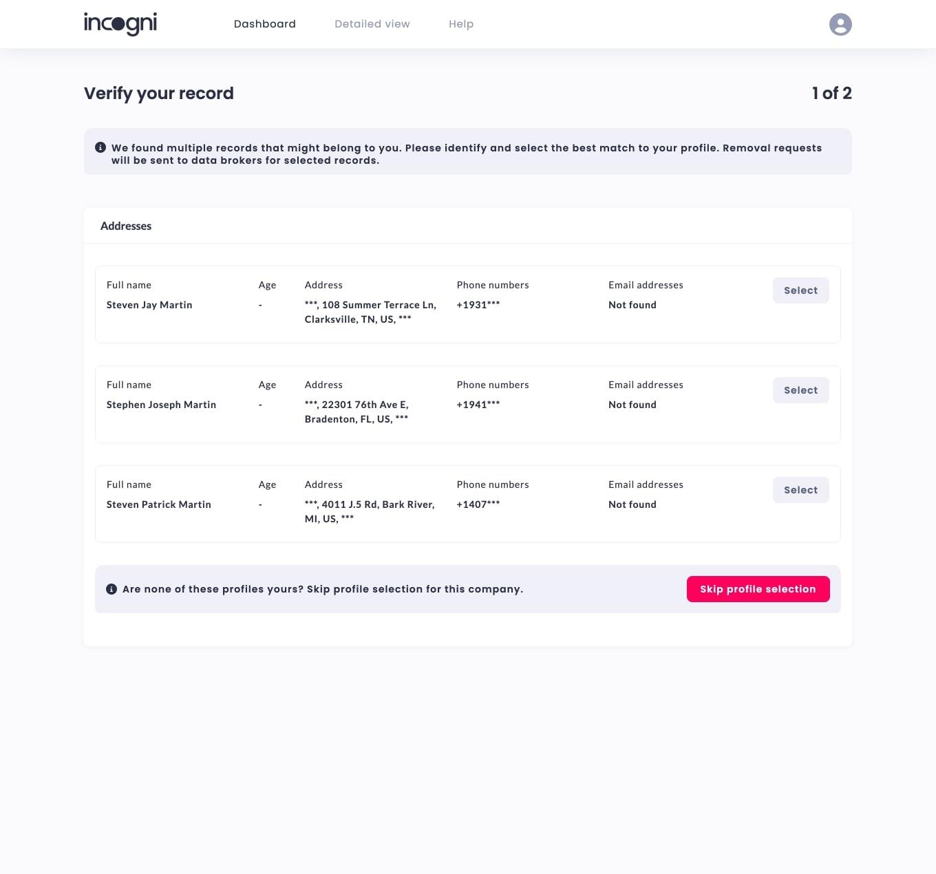 Incogni Profile Section