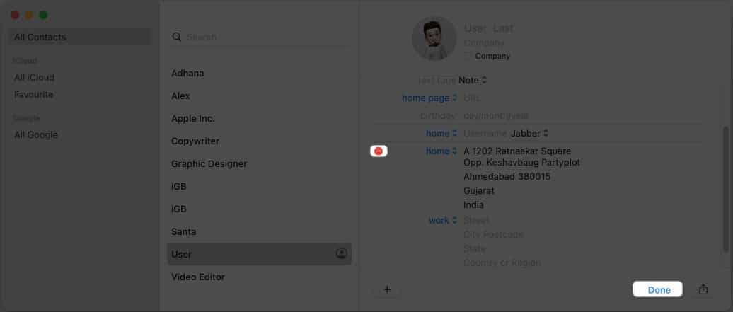 Click the icon Done in Contact Card