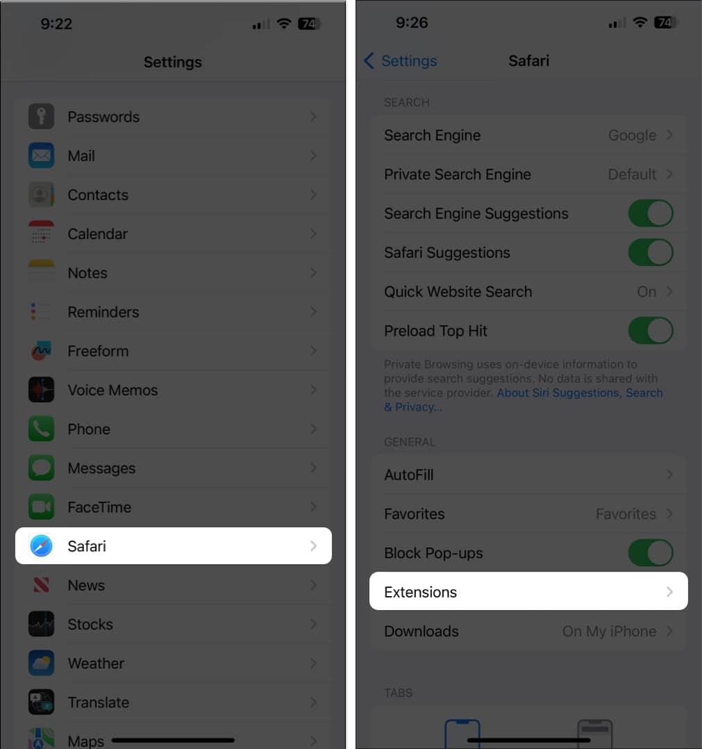 Go to Safari Extensions on iPhone