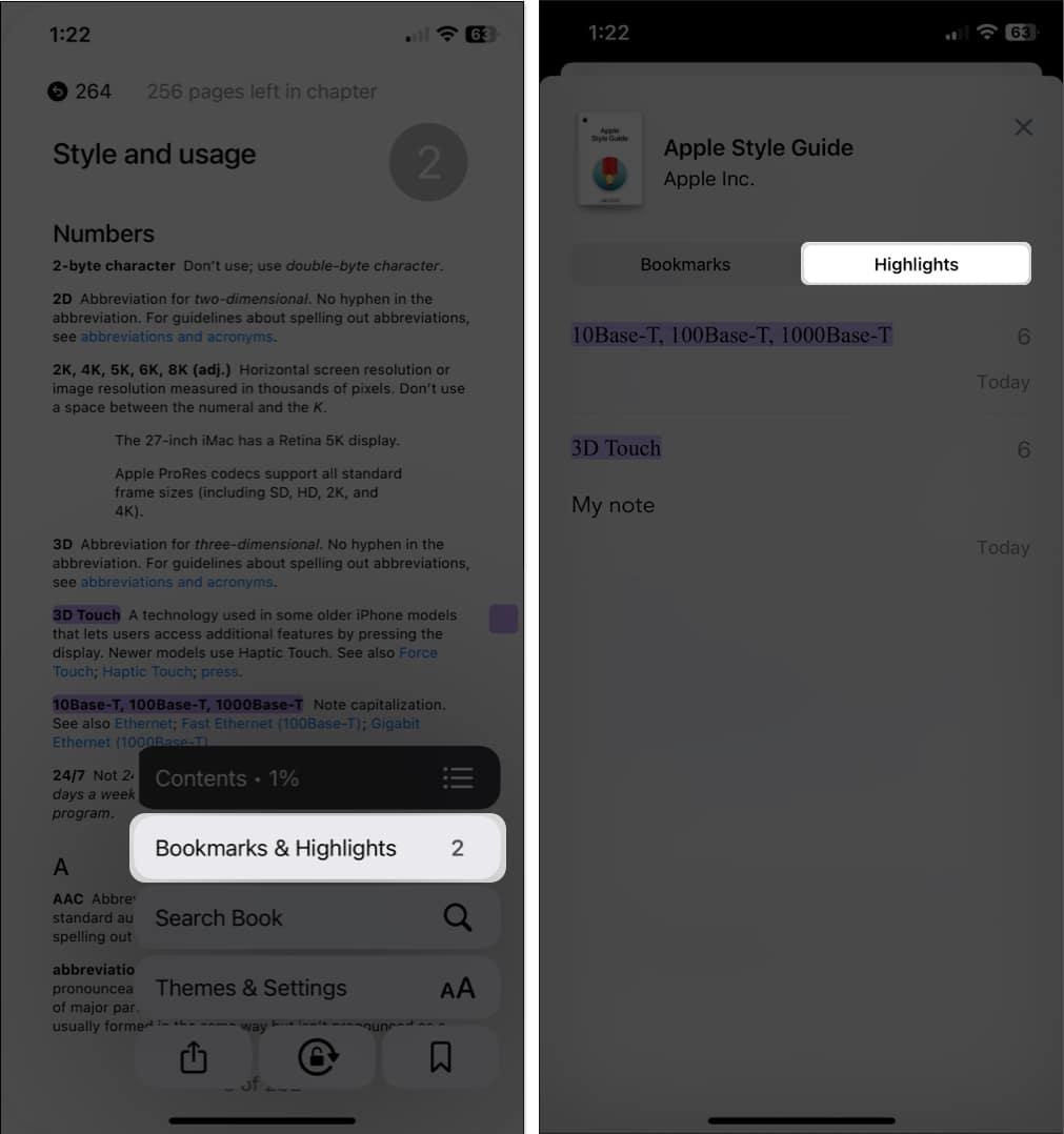 Go to highlights tab from bookmarks and highlights menu