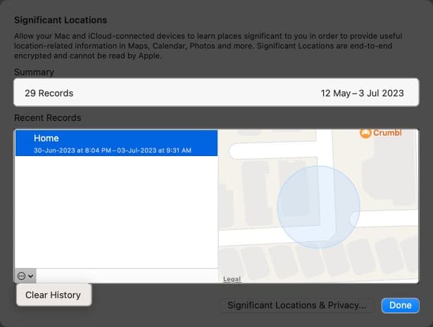 See Summary, recent records and clear history in Significant locations