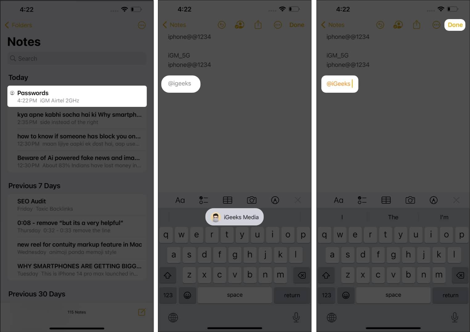 Select a Note tag the user tap done