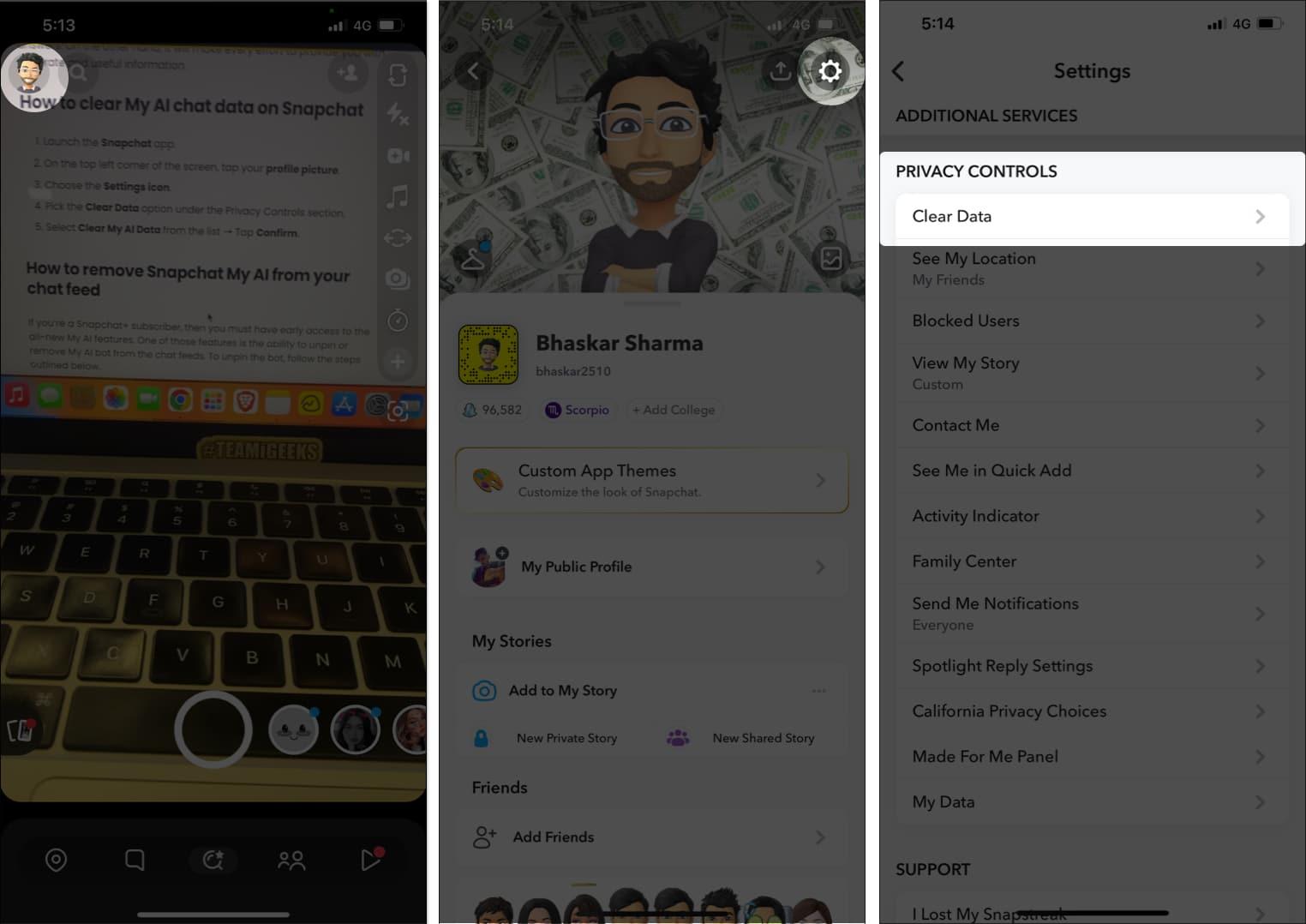 Tap your profile picture, choose the Settings icon, and pick the Clear Data option