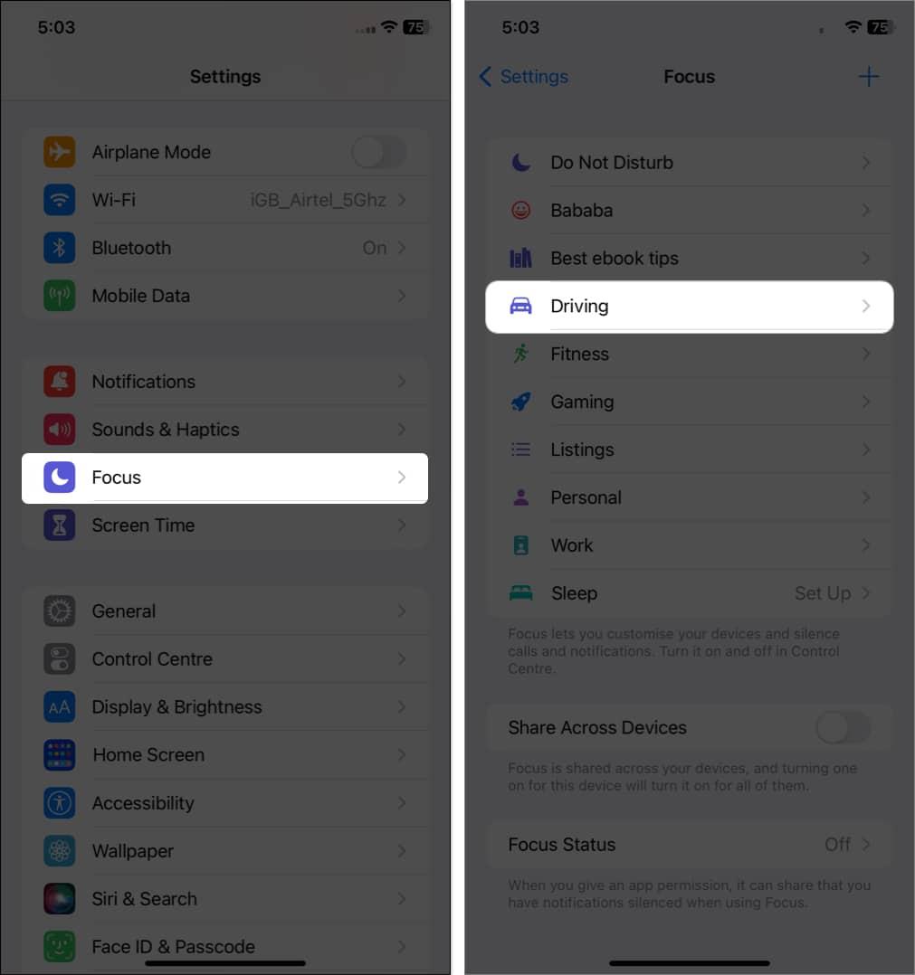 select focus, tap driving in Settings