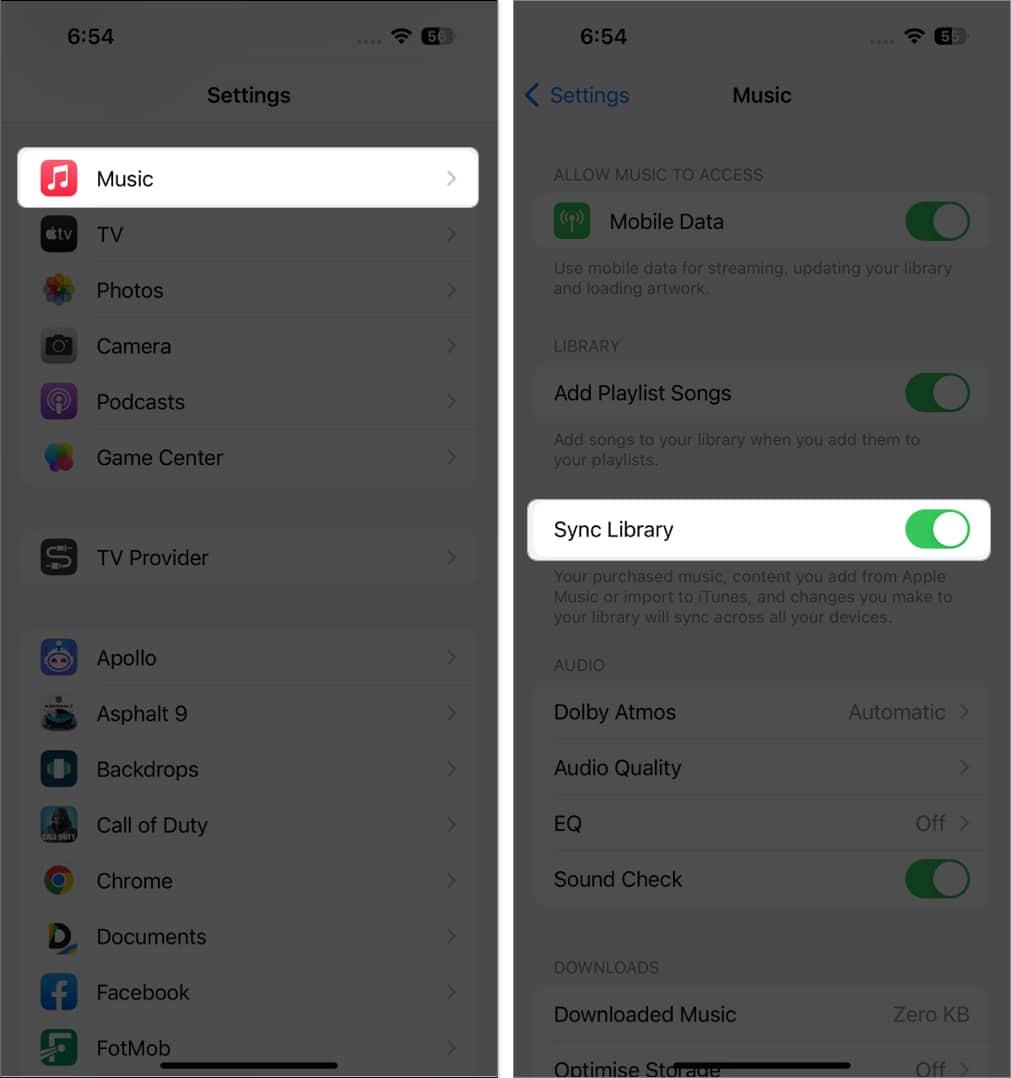 tap music, tap sync library in Settings