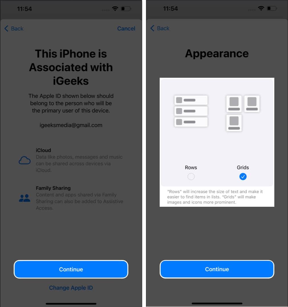 Activate Assistive Access by tapping Continue, choose Grid or Row, and press Continue