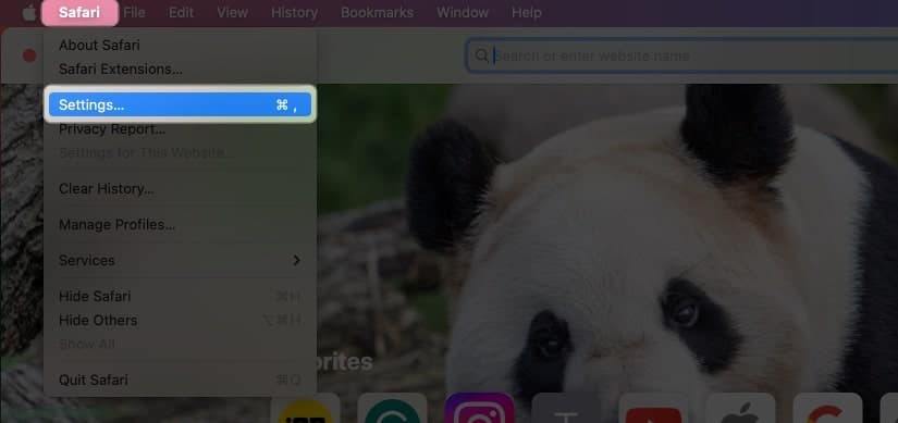 Click Safari in menu bar and choose Settings