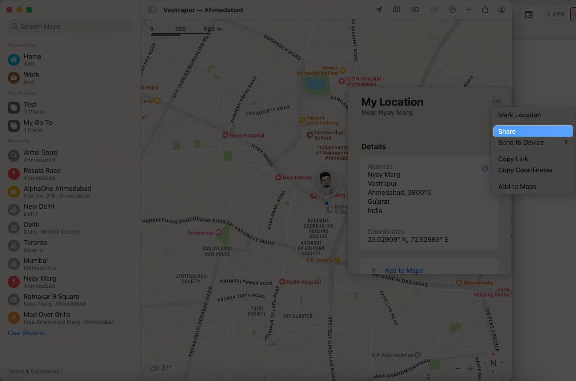 Click Share in Apple Maps