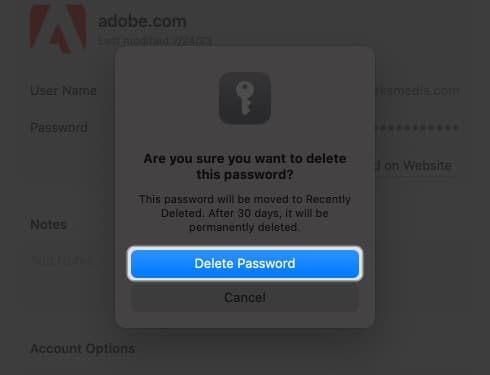 Confirm by clicking Delete Password