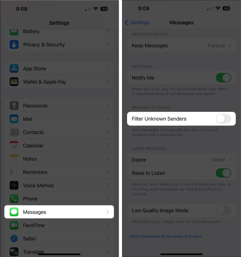 Disable Filter Unknown Senders