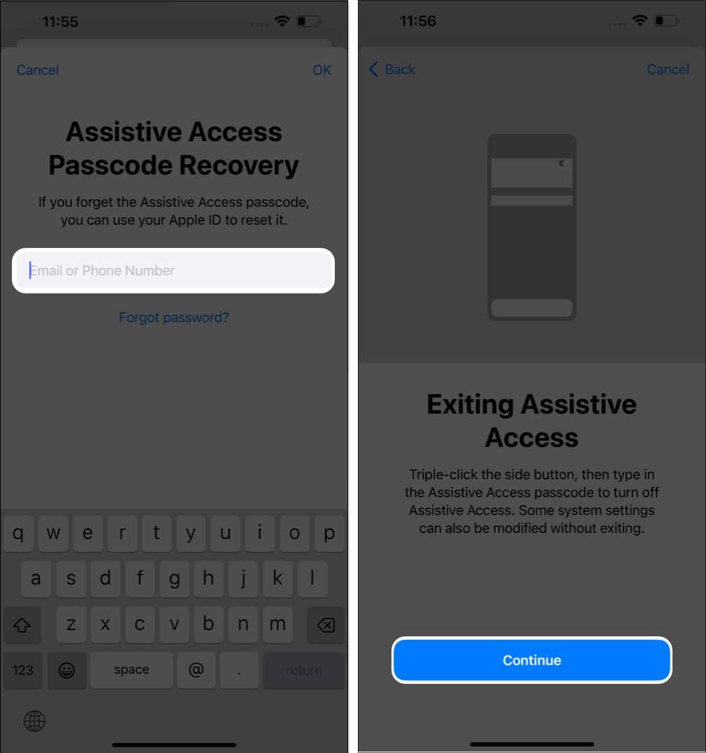 Enter your Apple ID and Password and select Continue on the Exiting Assistive Access screenEnter your Apple ID and Password and select Continue on the Exiting Assistive Access screen
