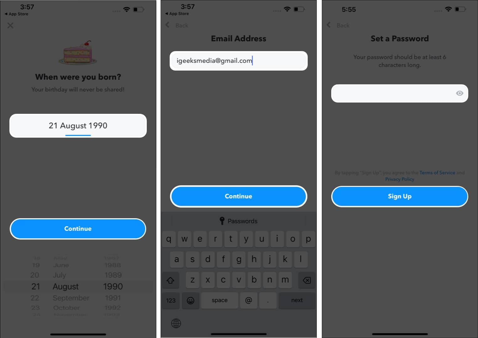 Enter your birthdate, email address, and password then tap Sign Up