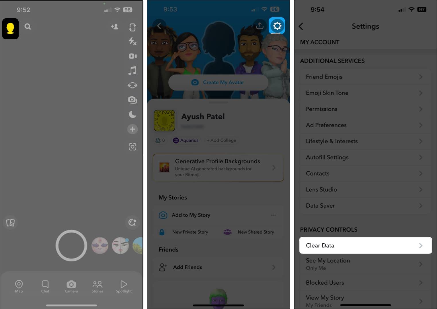 Go to Clear Data in Settings on Snapchat