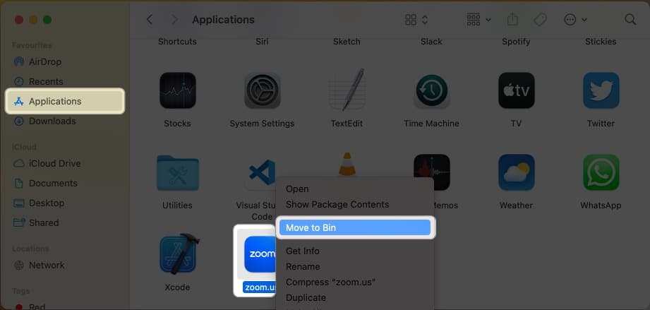 Head to that location, right-click on the app file, and select Move to Bin