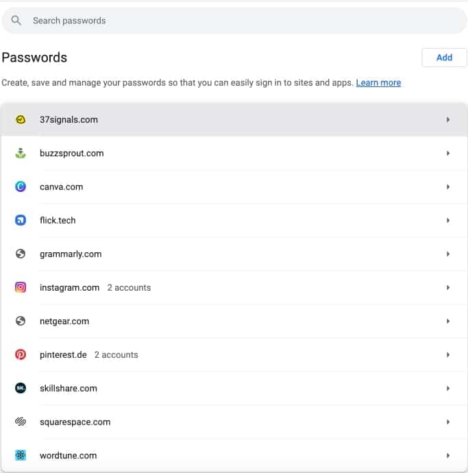 Password manager interface in Google Password manager