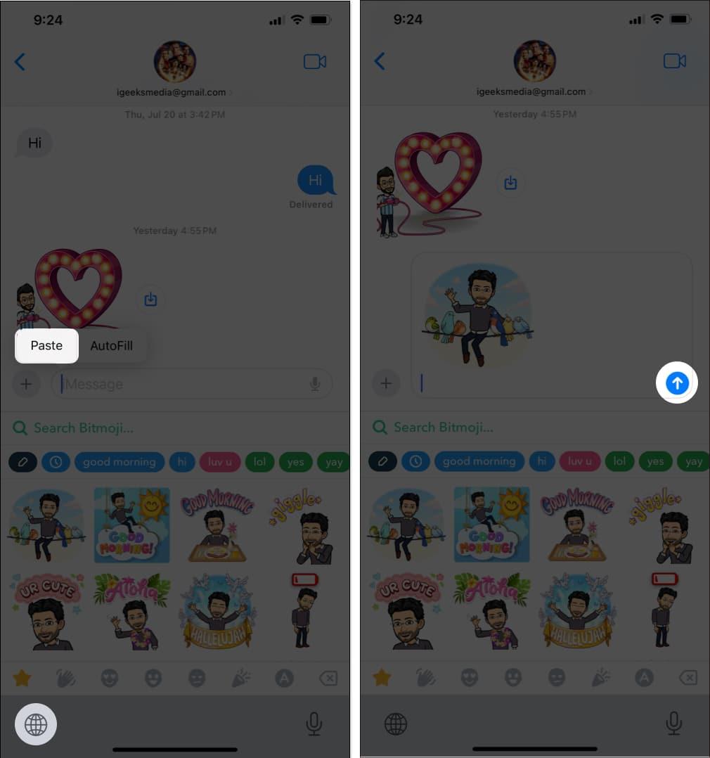 Press and hold the text field, select Paste, and press Send