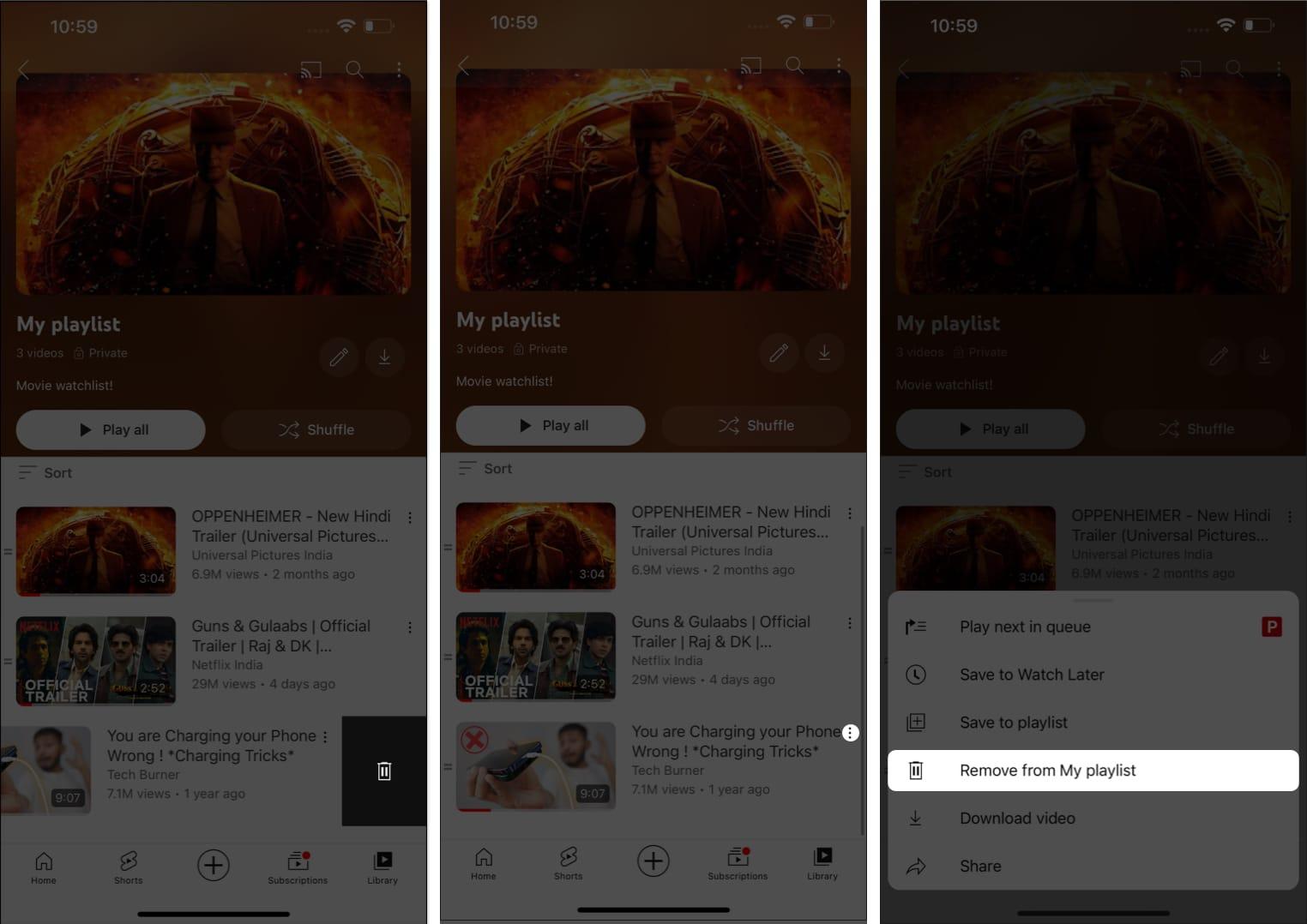 Remove videos from YouTube playlist on iPhone