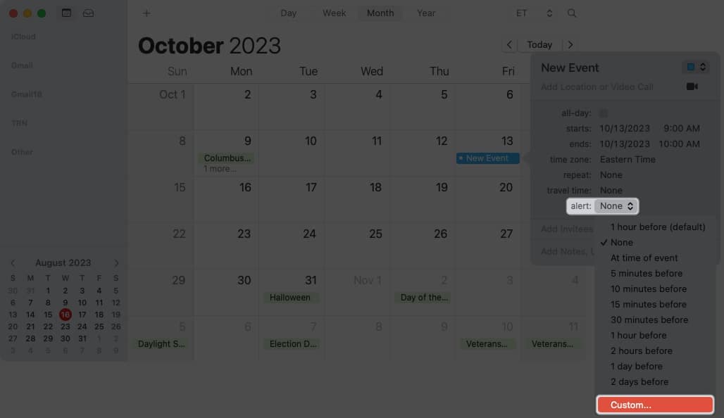 Select Alert and pick Custom