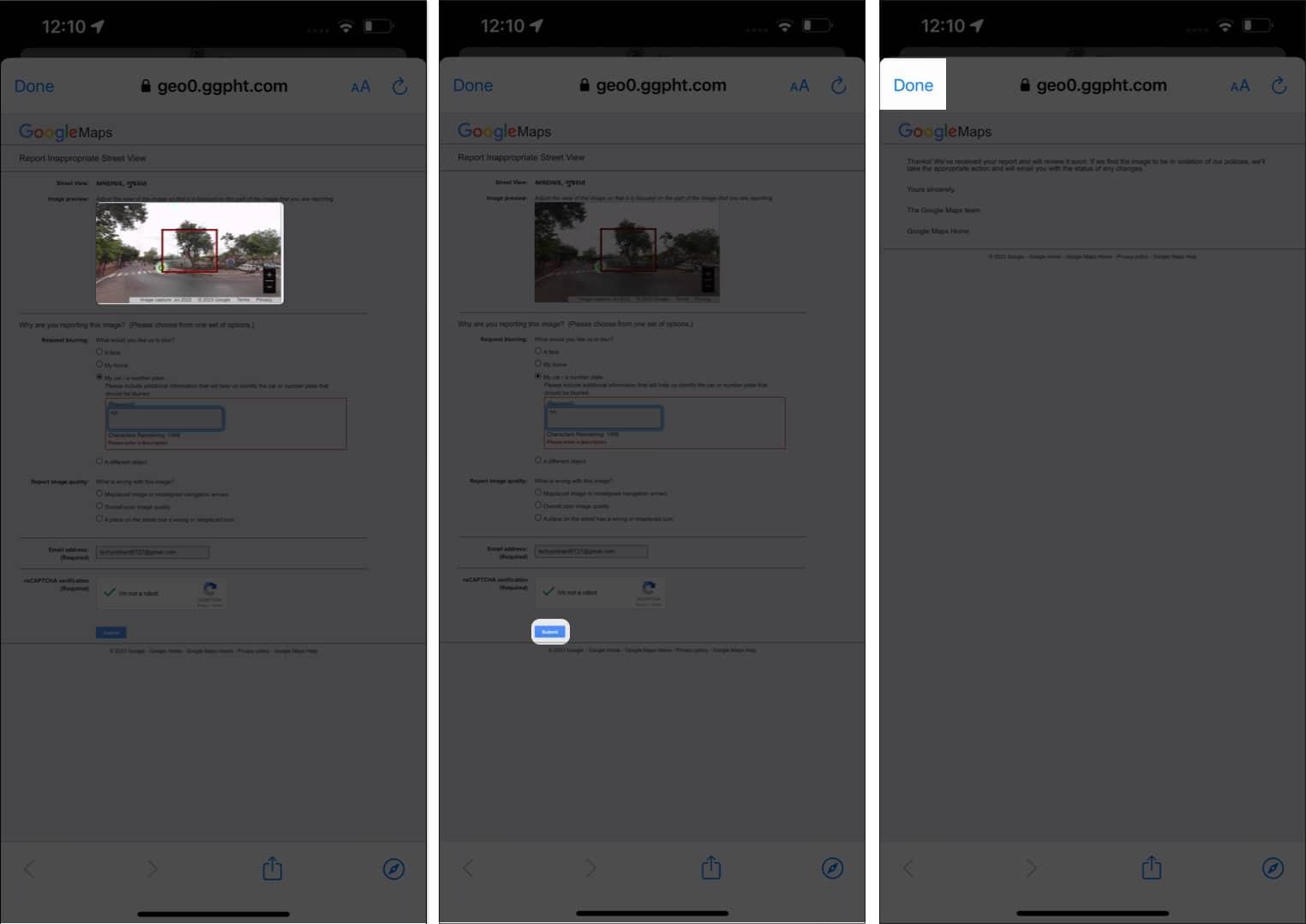 Select the region, fill in the details, tap submit and tap done in google maps