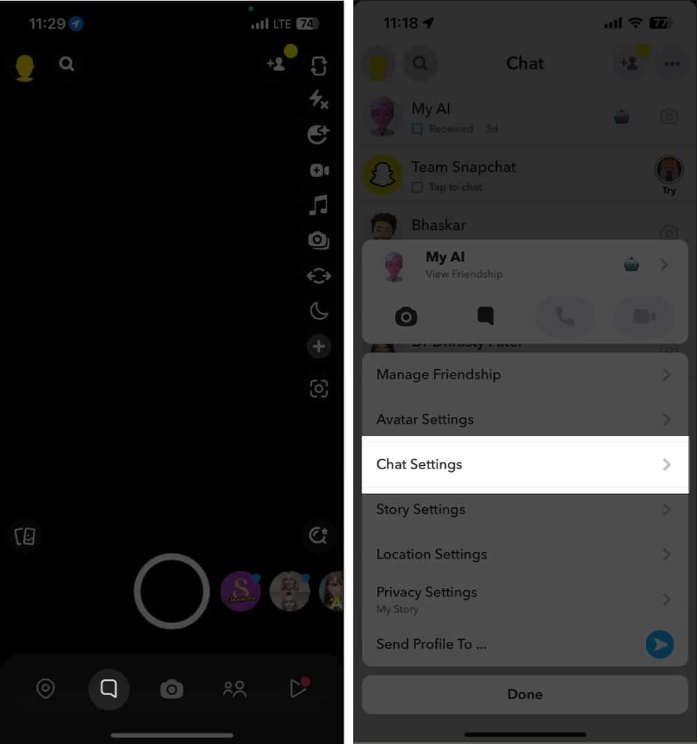 Tap Chats section, long press My AI chat, and select Chat Settings
