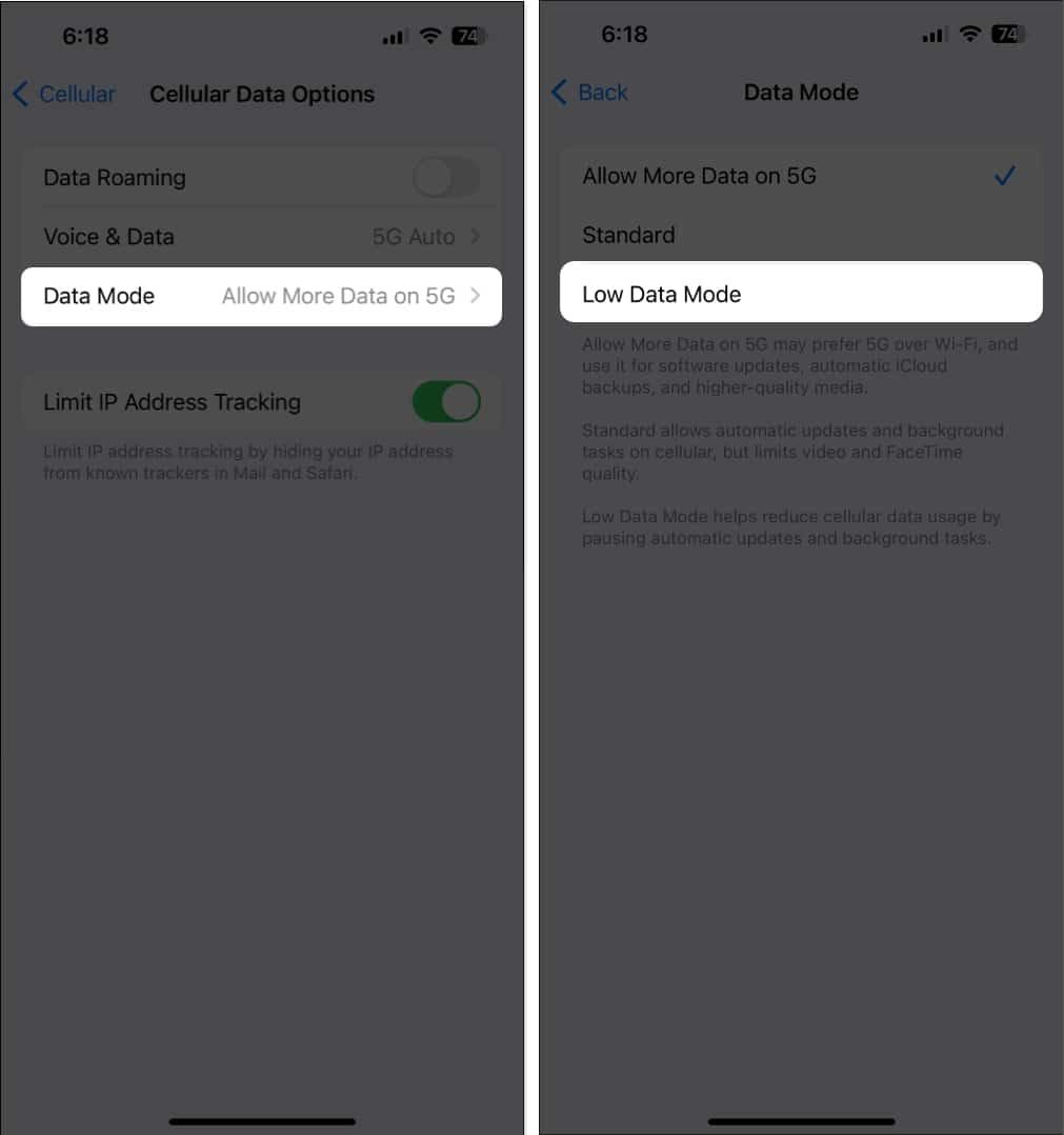 Tap Data Mode and Deselect Low Data Mode.