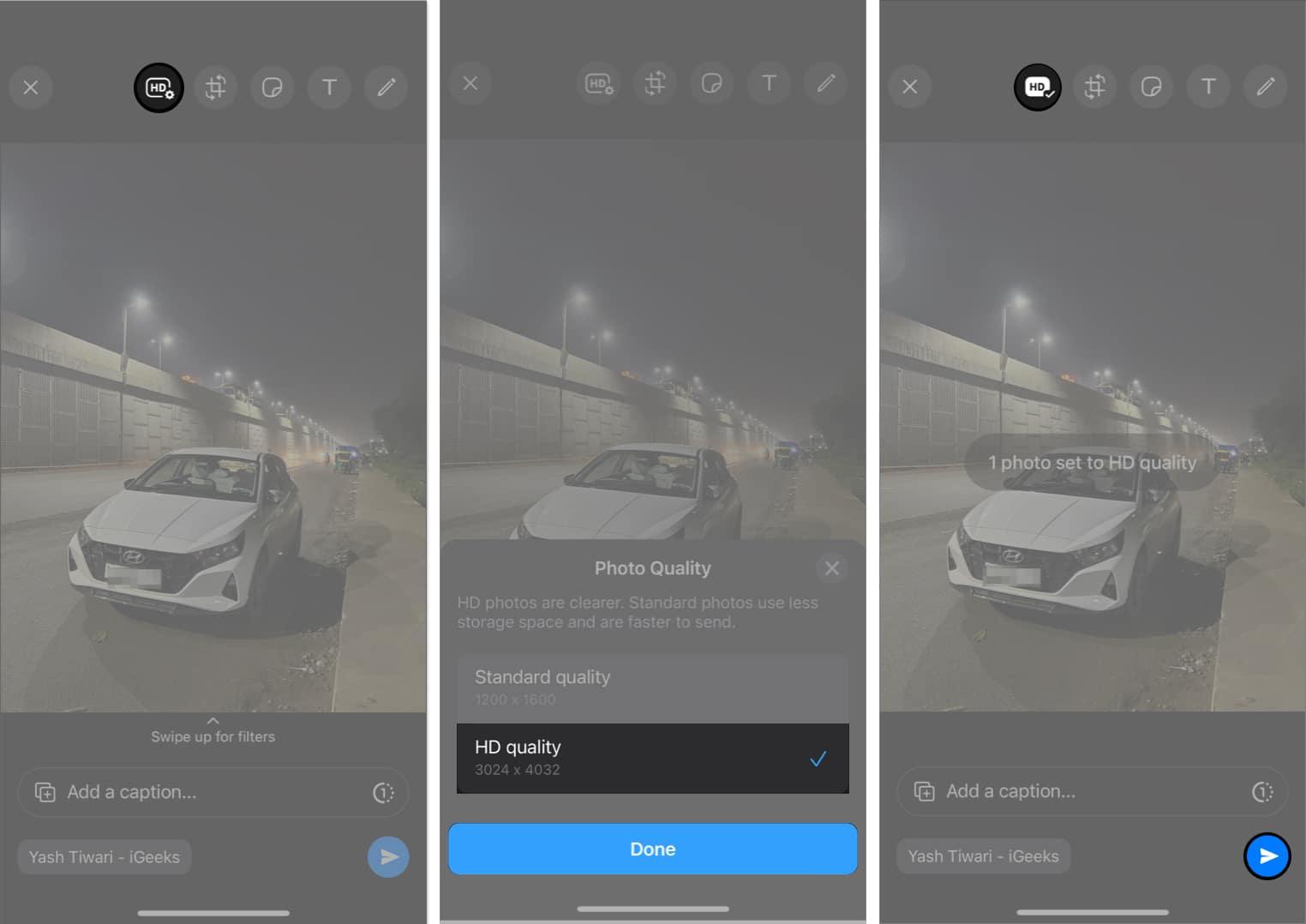 Tap HD icon, select HD quality option, hit Send in WhatsApp